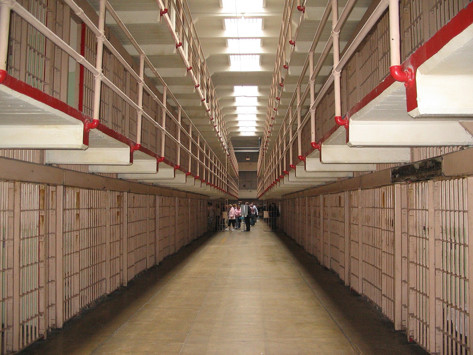 Long interior corridor between cell blocks in the Alcatraz Cellhouse