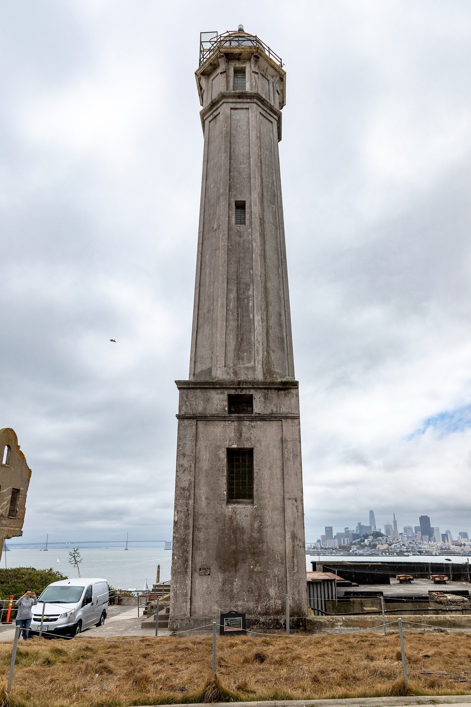 Alcatraz lighthouse rising above the island buildings